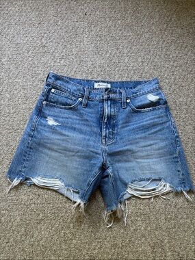 Madewell Distressed Mid-Blue High-Rise Cutoff Shorts